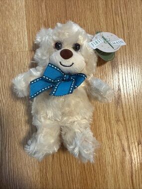 First & Main Cream Plush Bear with Blue Bow - Soft Cuddly Toy